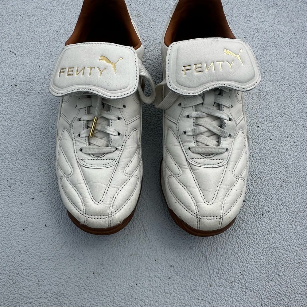 FENTY by Puma White Leather Lace-Up Sneakers with Gold Accents